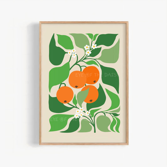 Abstract orange tree printable wall art print – hand drawn botanical illustration with green leaves and orange fruit on beige