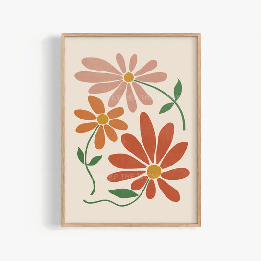 Boho abstract floral wall art print with stylized flowers in terracotta and burnt orange & rust tones on beige