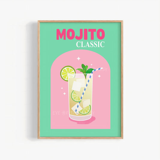 Modern Mojito cocktail digital download, bright drink poster wall art for DIY decor in bold fun colors