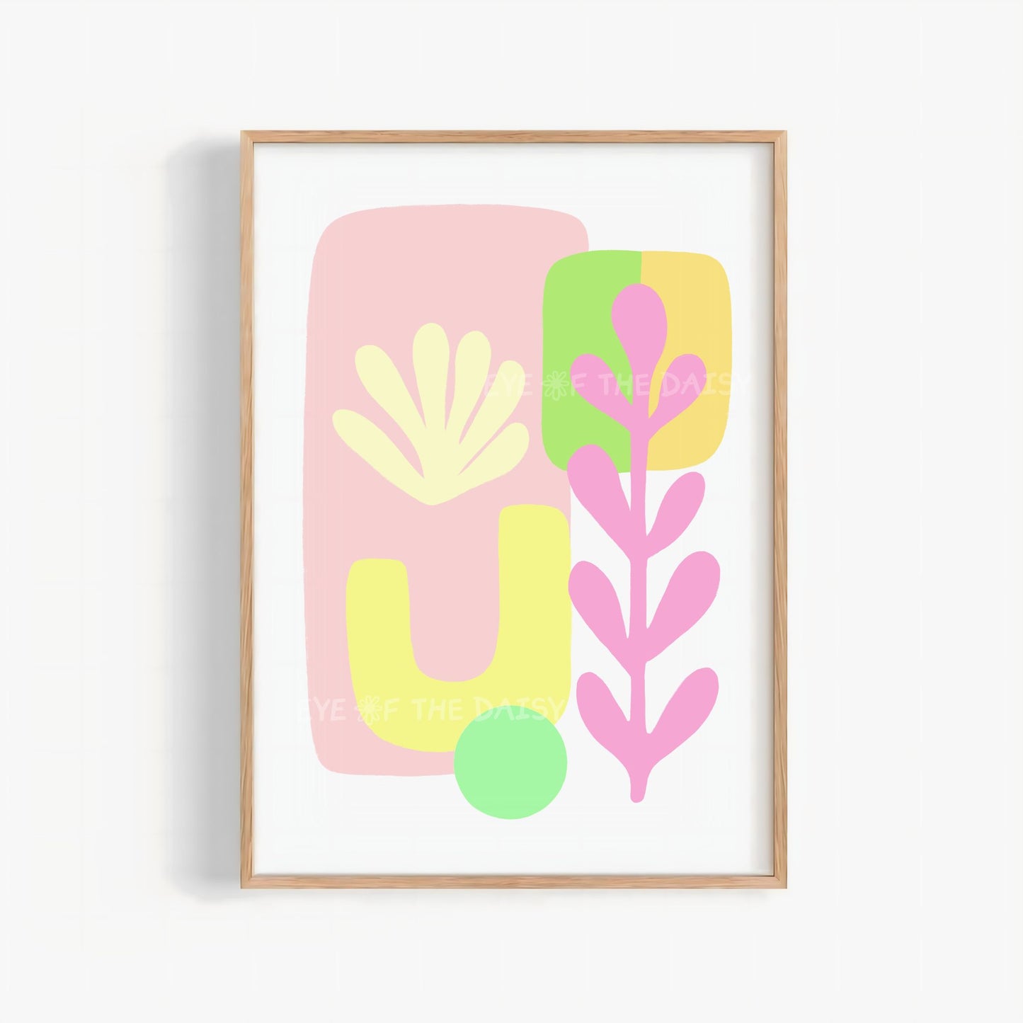 Pastel abstract botanical printable wall art with pink, yellow and green organic shapes, vibrant dopamine decor for modern living room