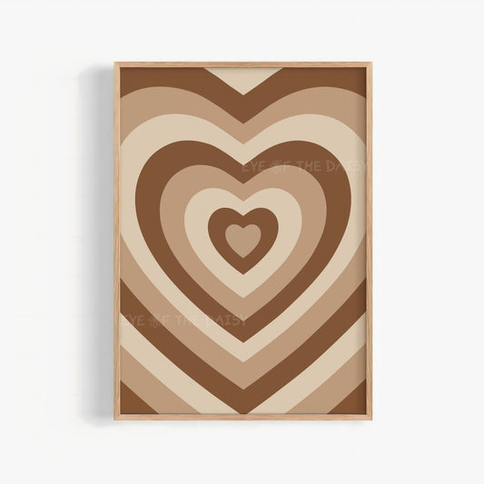 Retro 70s heart printable wall art in coffee and brown, trendy and Y2K print digital download for kitchens or dorms