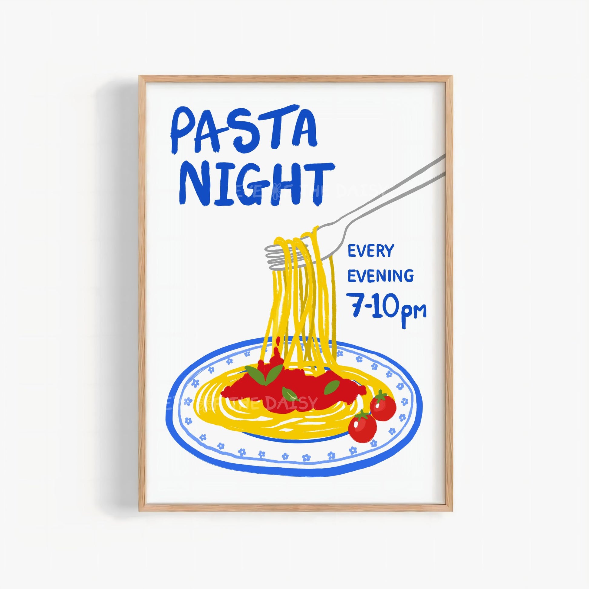 'Pasta Night' print and hand drawn spaghetti on a plate illustration, trendy foodie printable wall art, great as kitchen wall decor