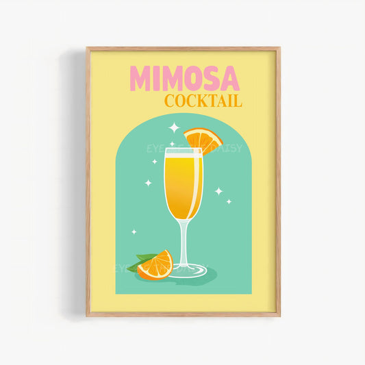 Retro Mimosa cocktail print digital download with funky yellow and turquoise colours — trendy brunch-themed printable wall art with bold typography and modern style