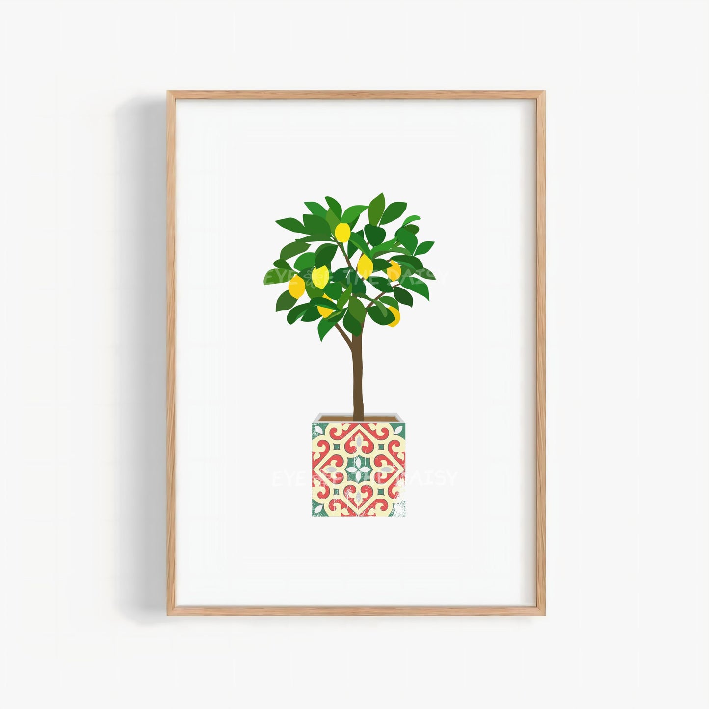 Minimalist Italian lemon tree print in decorative Mediterranean tile pot – colorful botanical printable wall art, perfect for boho decor