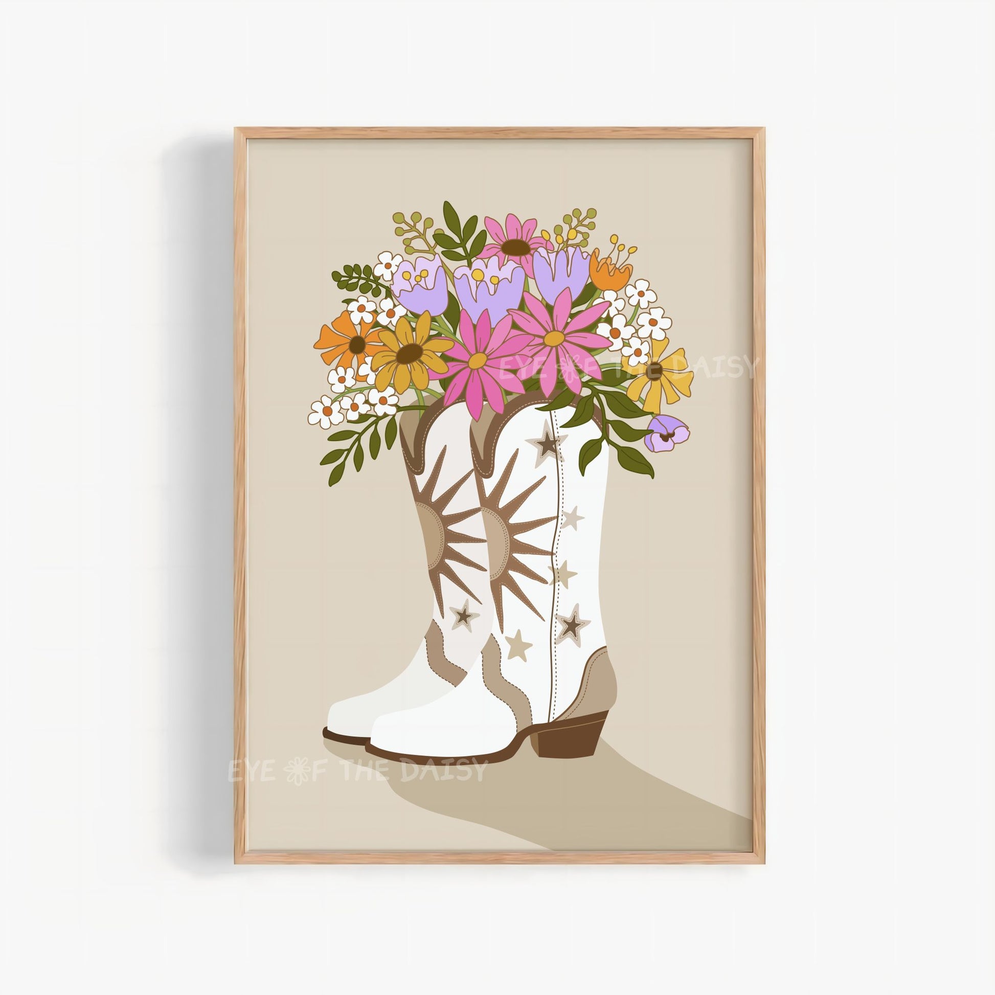 White cowgirl boots with bouquet of flowers print, boho Y2K wall art for teen girl’s room or nursery, retro girly decor style