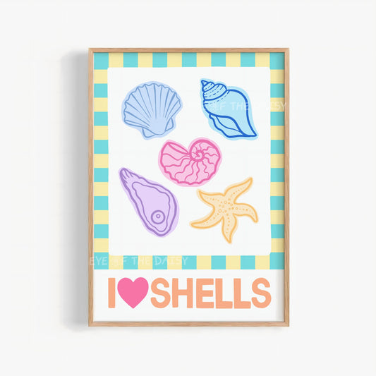 Vibrant hand drawn beach shell wall art – I Love Shells printable poster for modern apartment decor, digital download for summer style