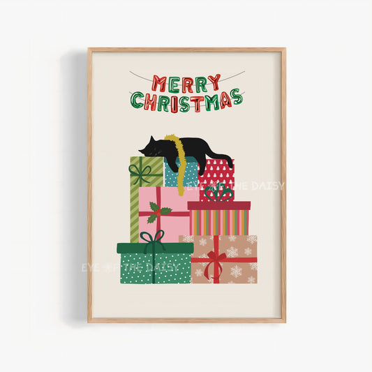 Sleeping Black Cat Print Digital Download | Cute Whimsical Christmas Printable Wall Art