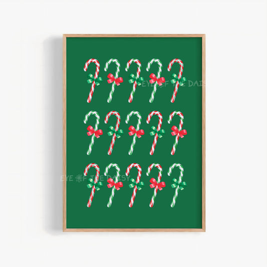 Red Green Watercolour Bows Candy Canes Print | Traditional Holiday Printable Wall Art