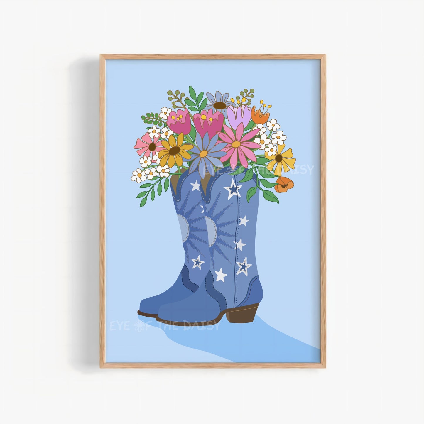 Trendy Y2K cowgirl boots art print with flowers – blue poster printable, fun dorm room wall decor, digital download college print