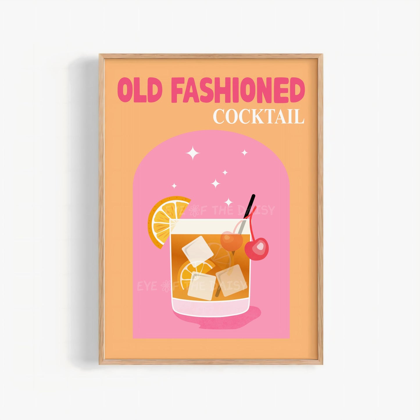 Colorful Old Fashioned cocktail poster in pink and orange, digital download wall art for bar cart or eclectic kitchen gallery wall decor