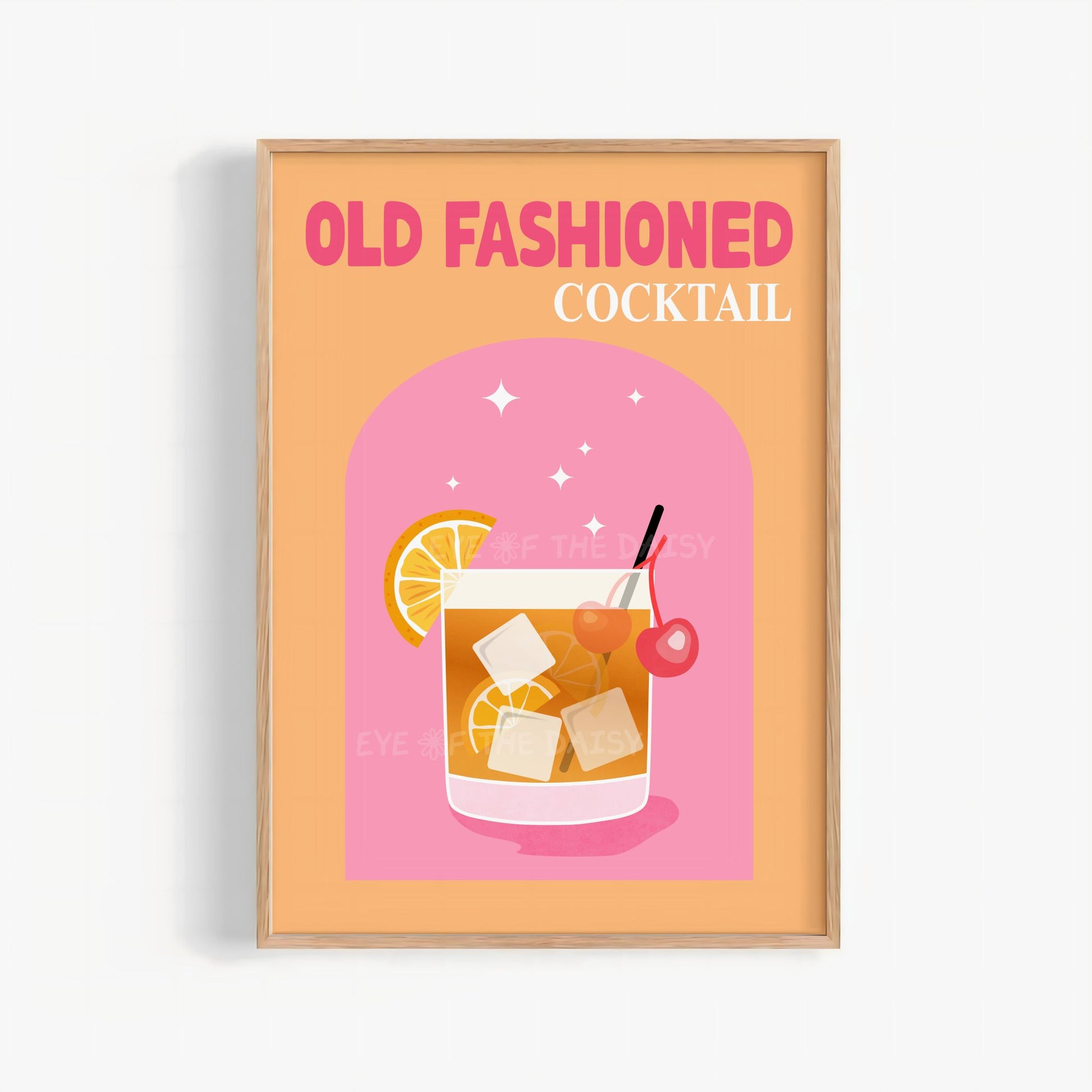 Colorful Old Fashioned cocktail poster in pink and orange, digital download wall art for bar cart or eclectic kitchen gallery wall decor