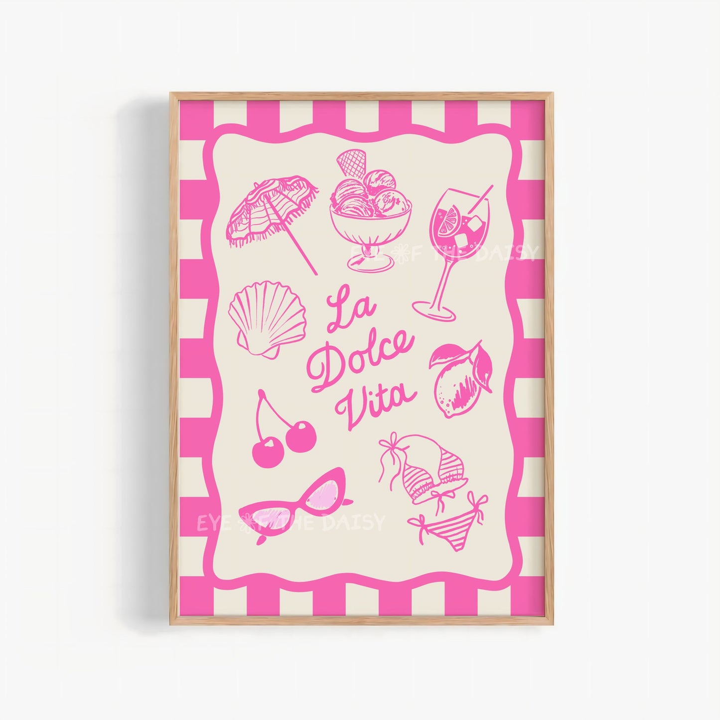 Pink La Dolce Vita print digital download – hand-drawn Italian summer icons like gelato, spritz and lemon on beige, printable poster