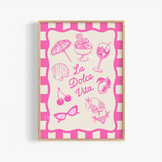 Pink La Dolce Vita print digital download – hand-drawn Italian summer icons like gelato, spritz and lemon on beige, printable poster