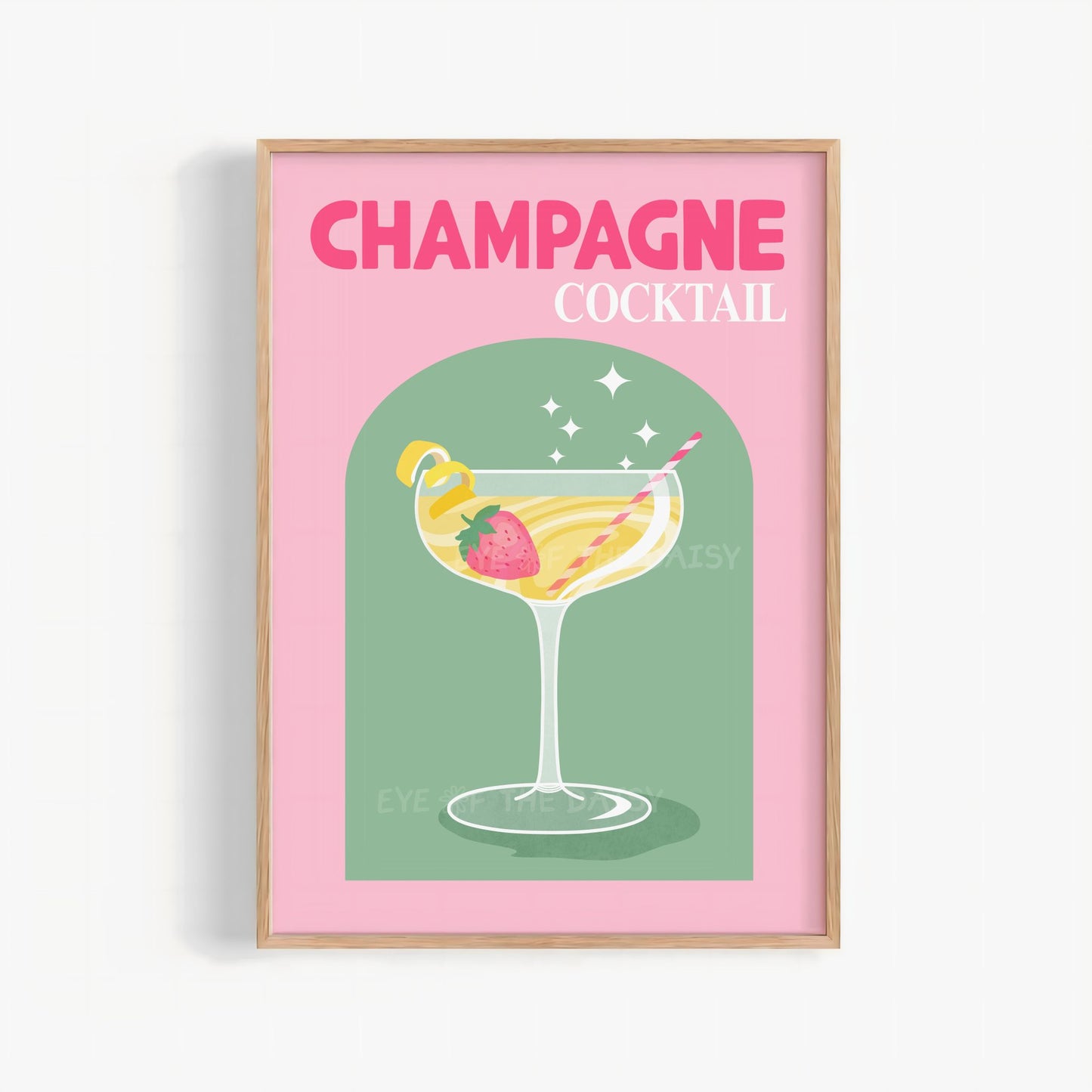 Vibrant colorful champagne cocktail print – retro pink & green wall art, trendy downloadable poster for DIY home bar or apartment decor