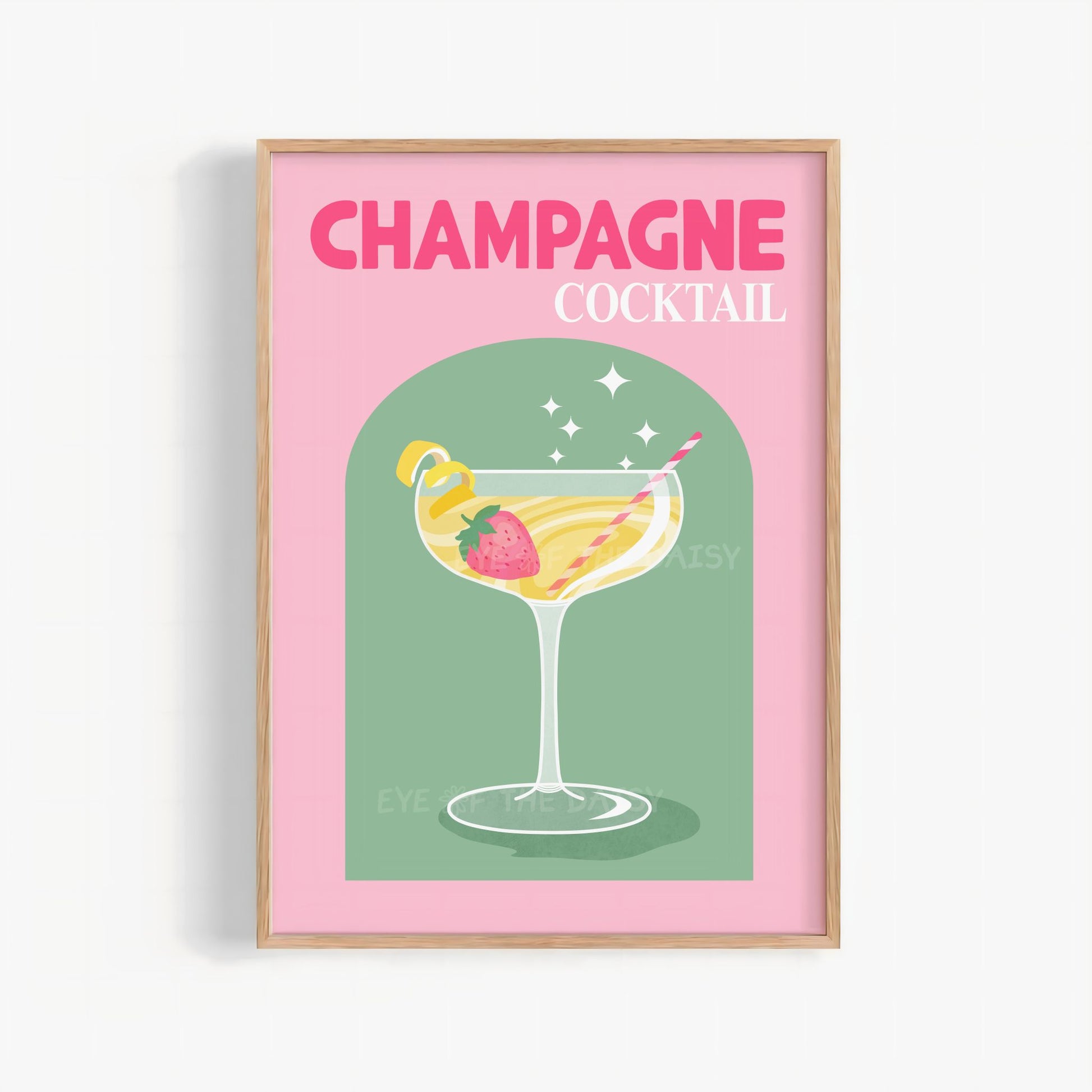 Vibrant colorful champagne cocktail print – retro pink & green wall art, trendy downloadable poster for DIY home bar or apartment decor