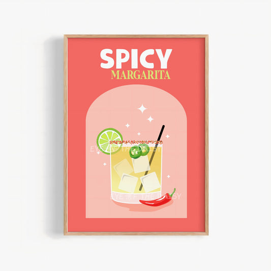 Retro Spicy margarita print, "Spicy Marg" cocktail printable wall art in bright vibrant colors perfect for bar cart decor