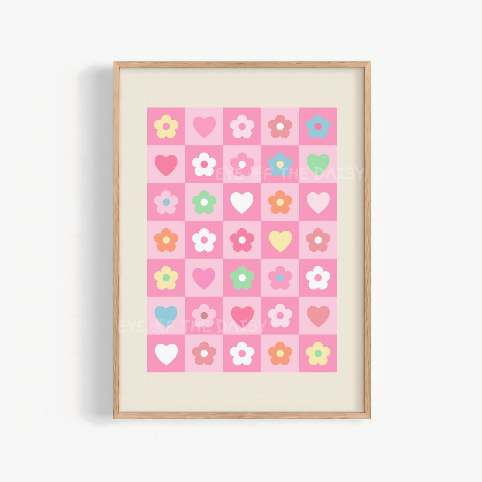Pastel checkerboard wall art with hearts and flowers, whimsical printable decor for bedroom or nursery