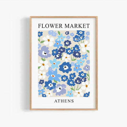 Blue abstract floral Athens flower market print — Scandinavian-style digital poster download, ideal print at home for DIY wall decor