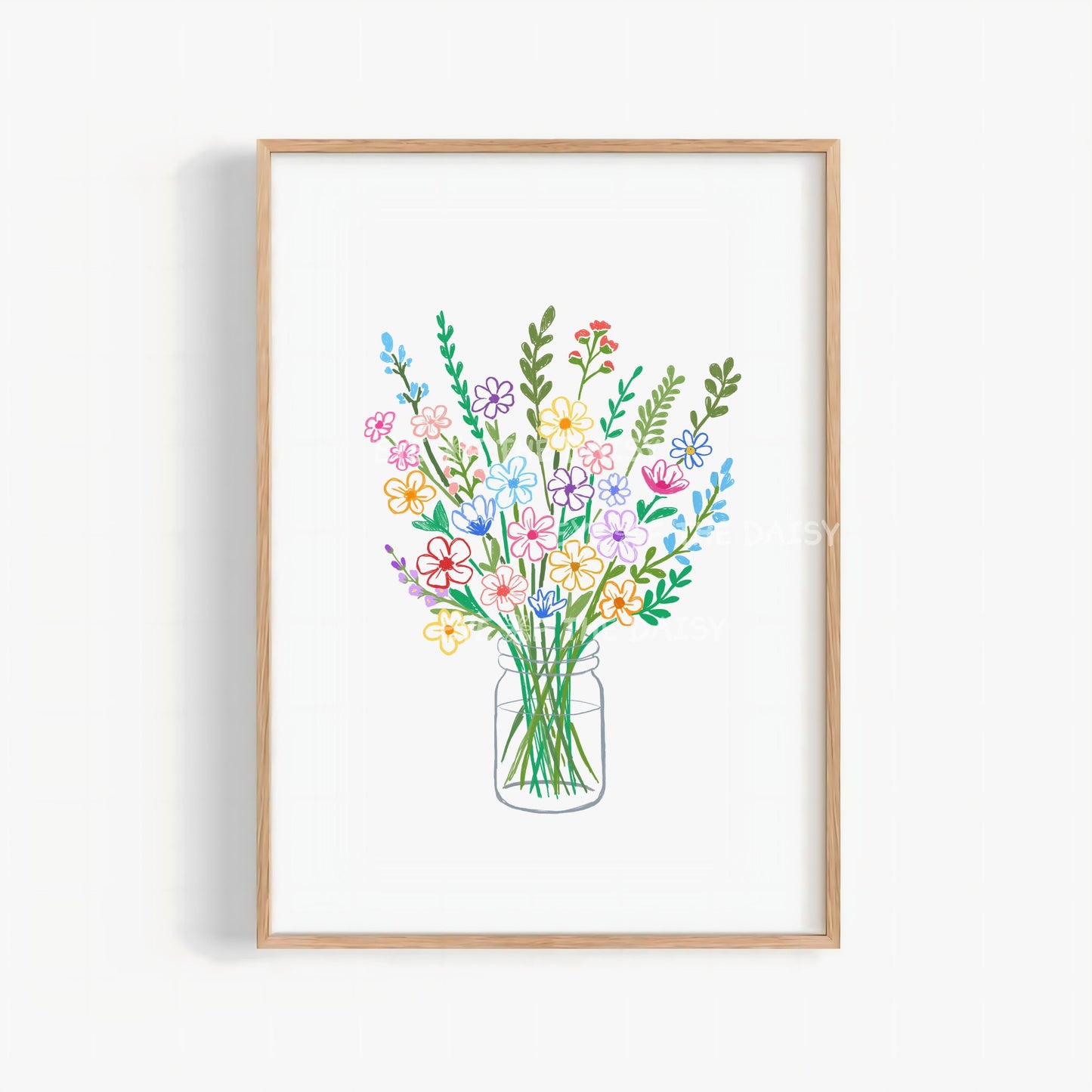 Bouquet of flowers in vase print, cute simple multicolor hand drawn wildflowers illustration, printable wall art for cottagecore decor