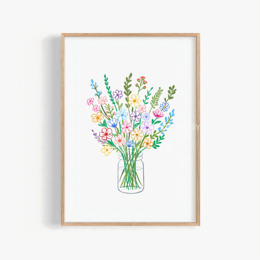 Bouquet of flowers in vase print, cute simple multicolor hand drawn wildflowers illustration, printable wall art for cottagecore decor
