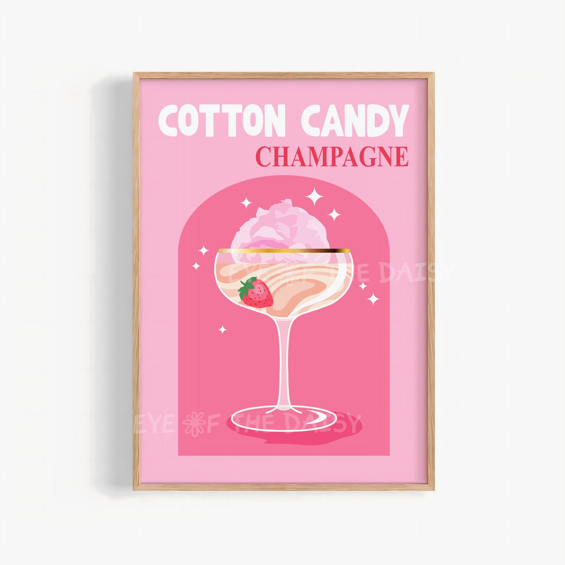 light pink and hot pink Cotton Candy Champagne retro cocktail print digital download for bar cart decor hand drawn no AI