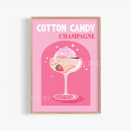 light pink and hot pink Cotton Candy Champagne retro cocktail print digital download for bar cart decor hand drawn no AI