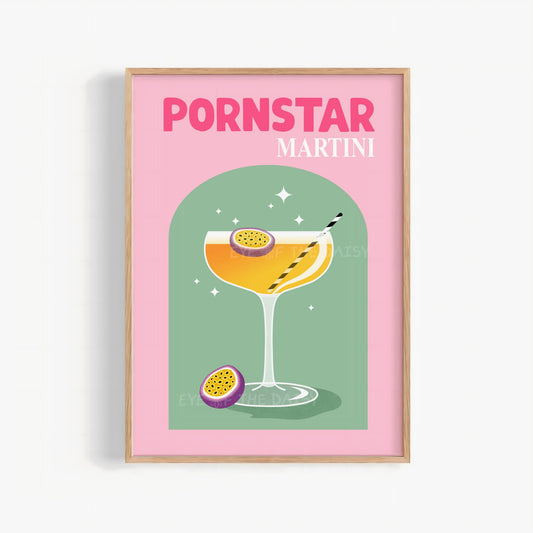 Pornstar Martini print in vibrant pink and green, printable wall art digital download for trendy home bar or kitchen gallery decor
