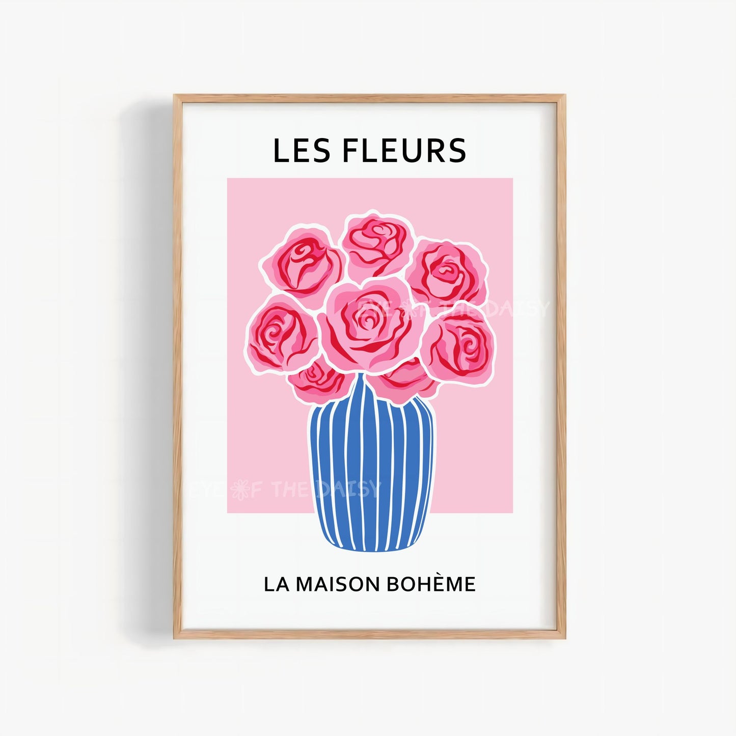 Colourful abstract floral printable wall art — blue vase with red and pink roses, vibrant digital download for eclectic DIY wall decor