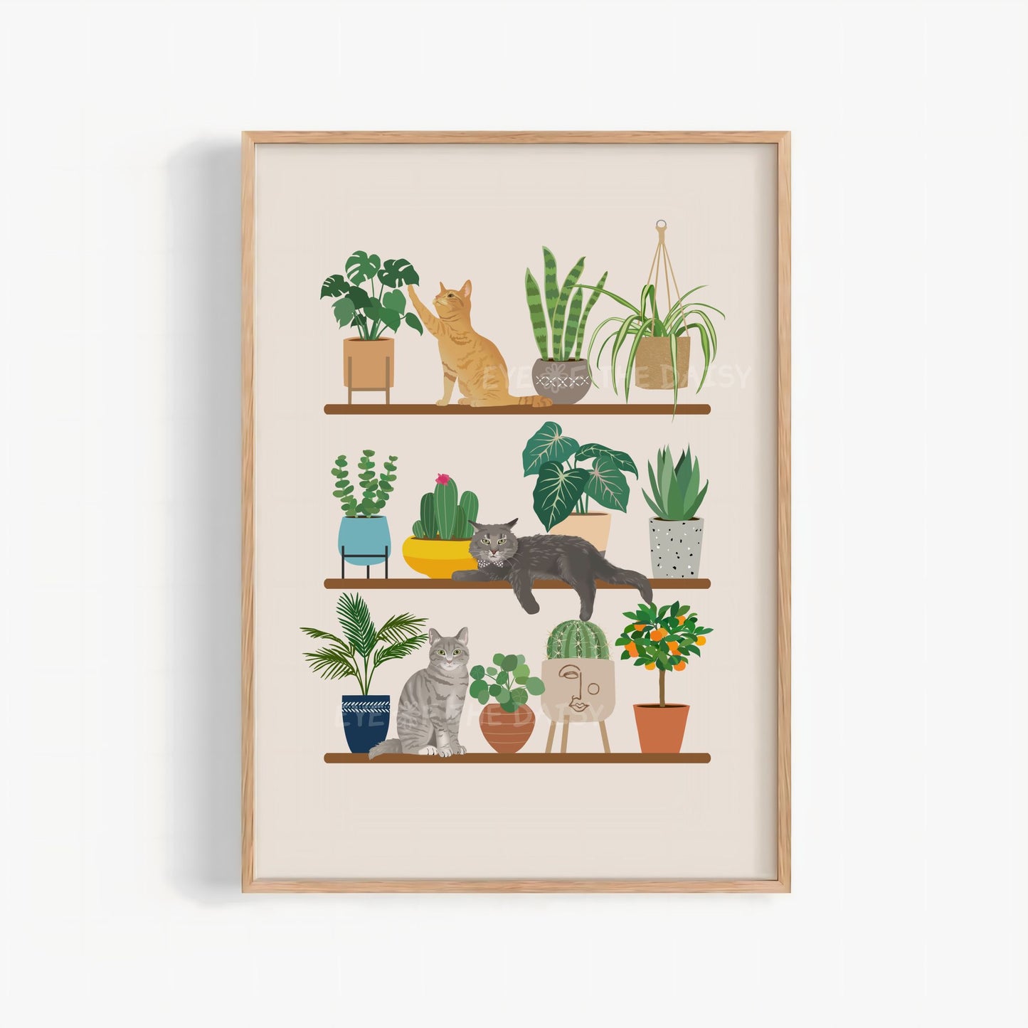 Custom pet portrait print – personalised pet artwork with houseplants on shelves, printable wall art digital download, cat lover gift