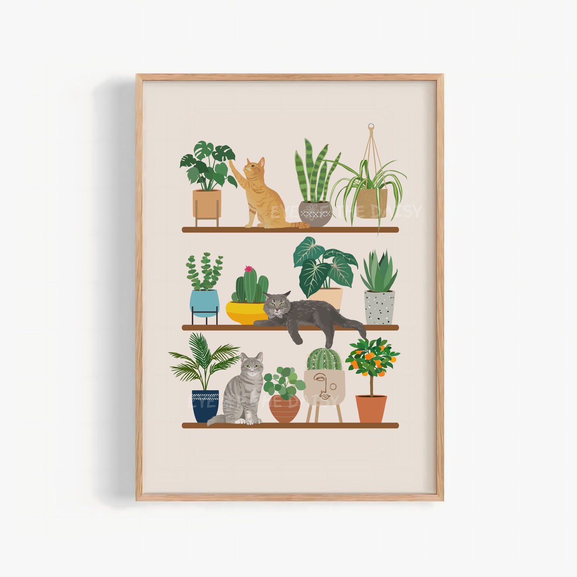 Custom pet portrait print – personalised pet artwork with houseplants on shelves, printable wall art digital download, cat lover gift