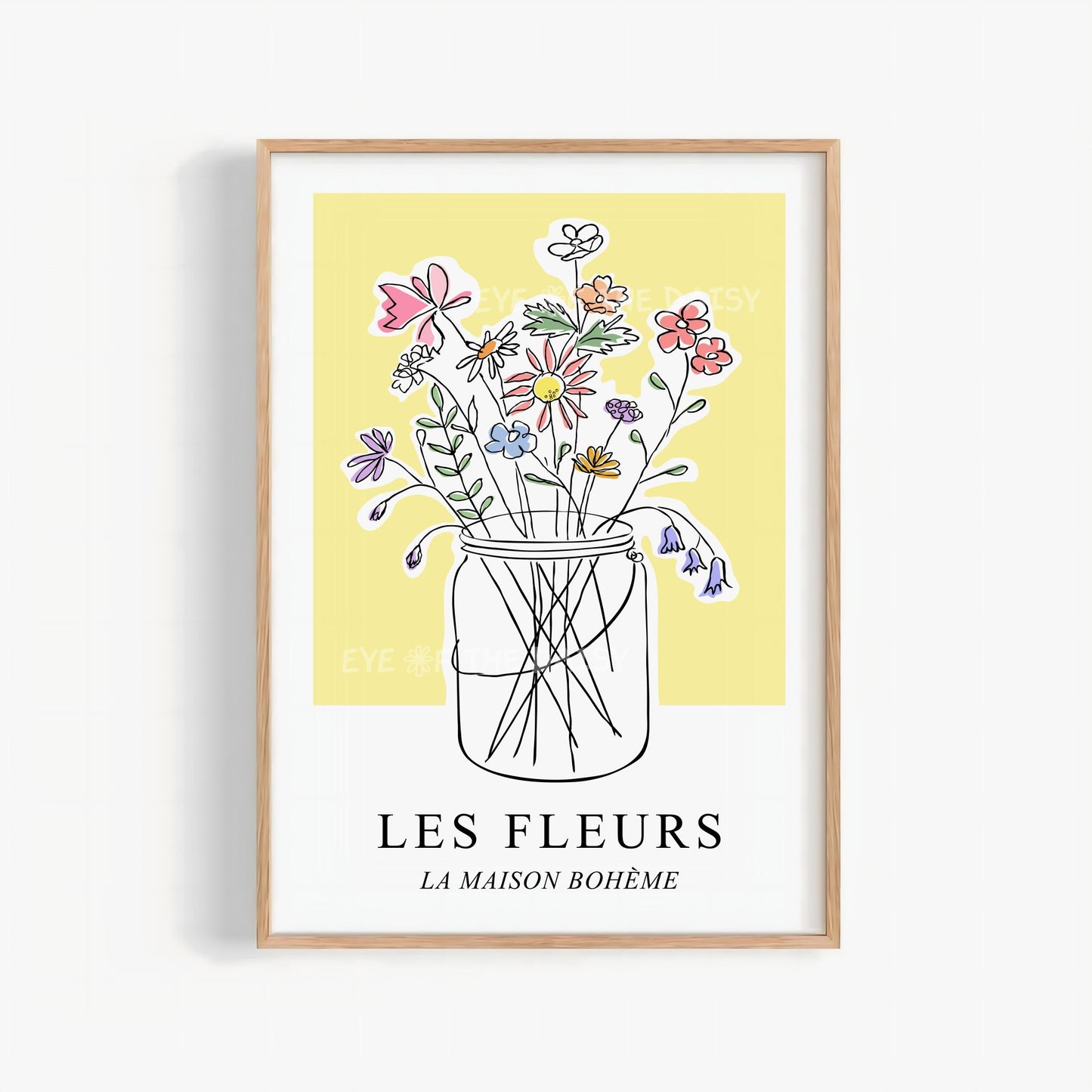 Hand-drawn wildflower jar print – pastel sketch with colourful flowers on soft yellow, French boho chic printable wall art