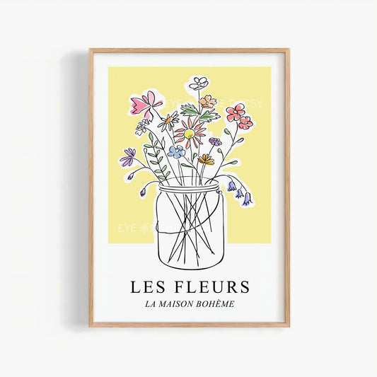 Hand-drawn wildflower jar print – pastel sketch with colourful flowers on soft yellow, French boho chic printable wall art