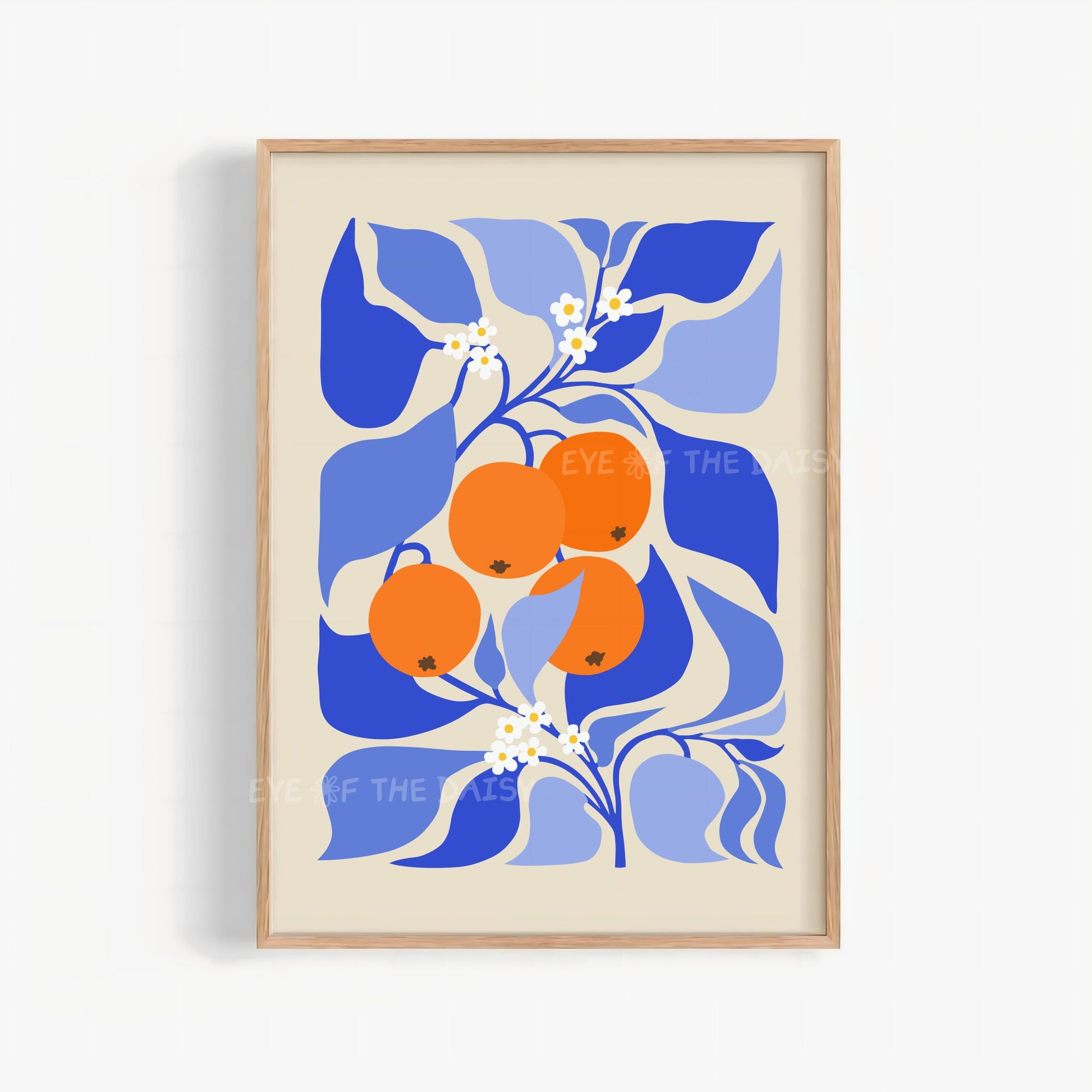 Orange tree printable wall art print in bright blue and orange – modern dopamine decor in abstract botanical style