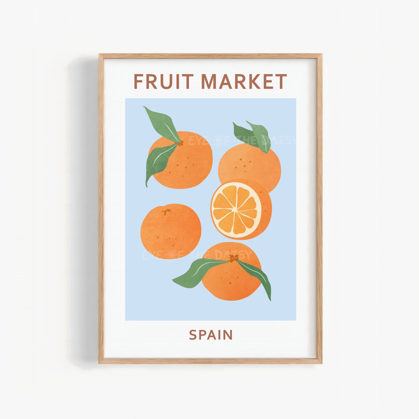 Fruit Market Spain orange wall print — pastel blue digital download with abstract oranges for dopamine or Mediterranean wall decor