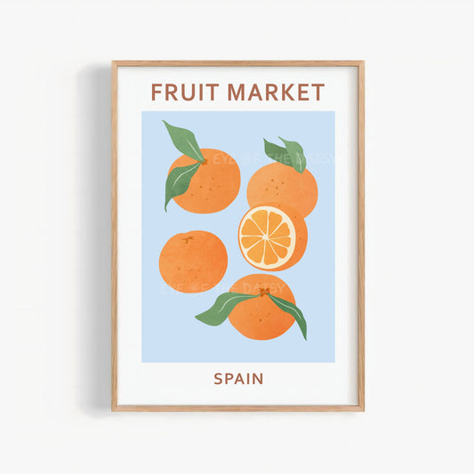Fruit Market Spain orange wall print — pastel blue digital download with abstract oranges for dopamine or Mediterranean wall decor