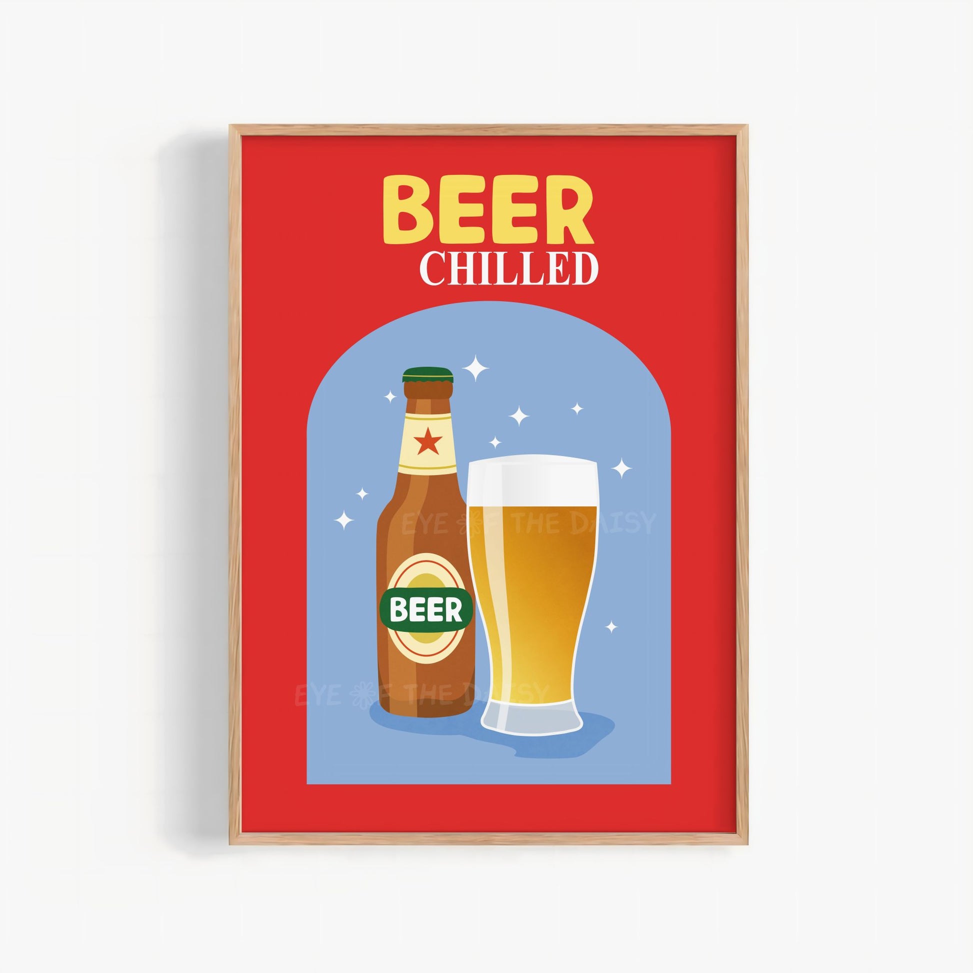 Beer printable wall art – retro colourful drink poster printable in bright red and blue, perfect for kitchen or home bar DIY wall decor