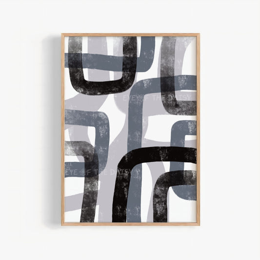 Minimalist abstract wall art in grey, black, and white, modern monochrome poster for living room or apartment decor