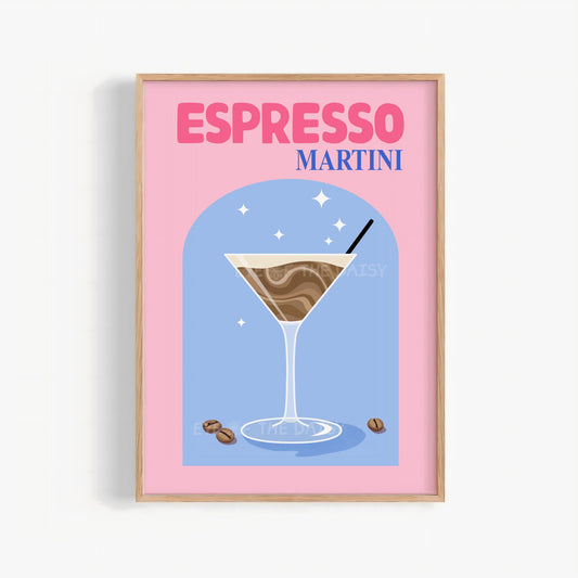Espresso Martini print, retro cocktail illustration printable wall art digital download for trendy home bar or kitchen gallery decor