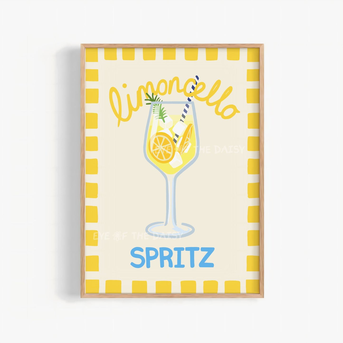 Limoncello Spritz poster printable – colorful cocktail sketch with yellow check border, digital download art for DIY kitchen decor