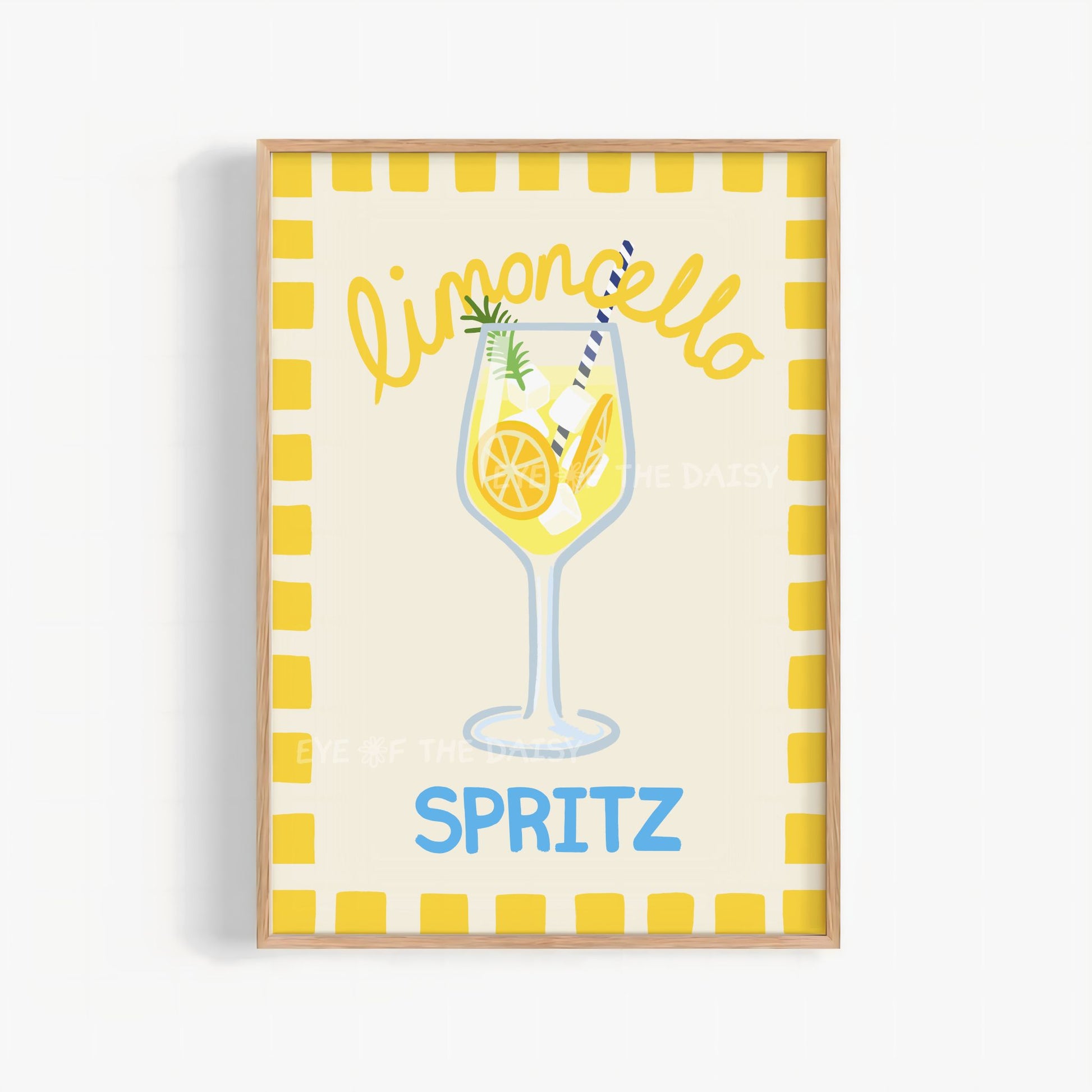 Limoncello Spritz poster printable – colorful cocktail sketch with yellow check border, digital download art for DIY kitchen decor