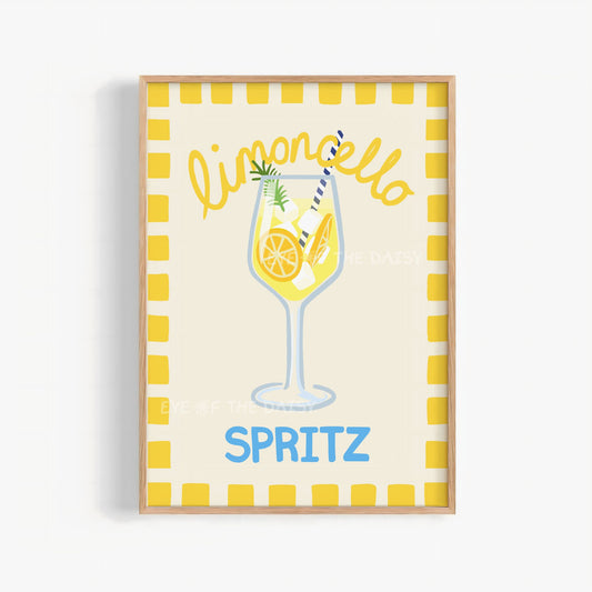 Limoncello Spritz poster printable – colorful cocktail sketch with yellow check border, digital download art for DIY kitchen decor