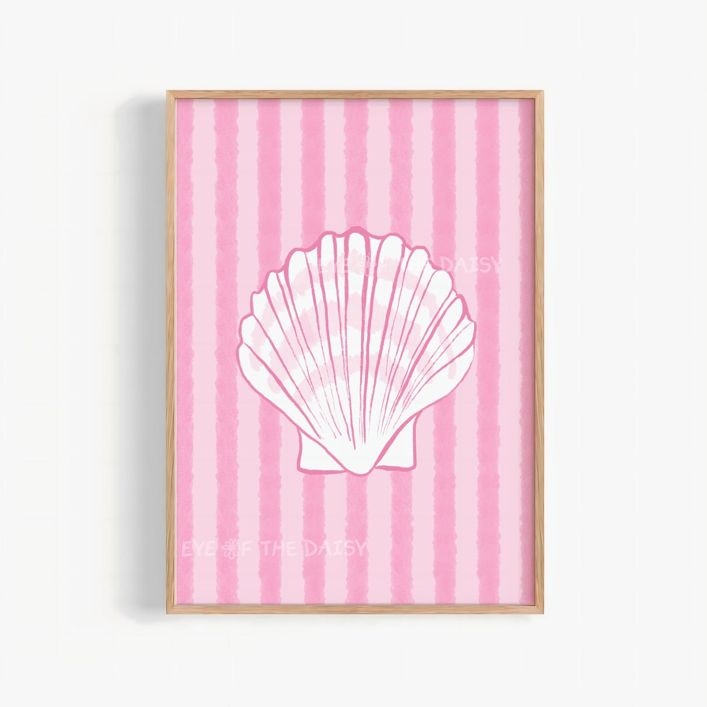 Hand drawn white shell on pink striped background printable wall art print – colorful trendy coastal cowgirl coquette dopamine decor style