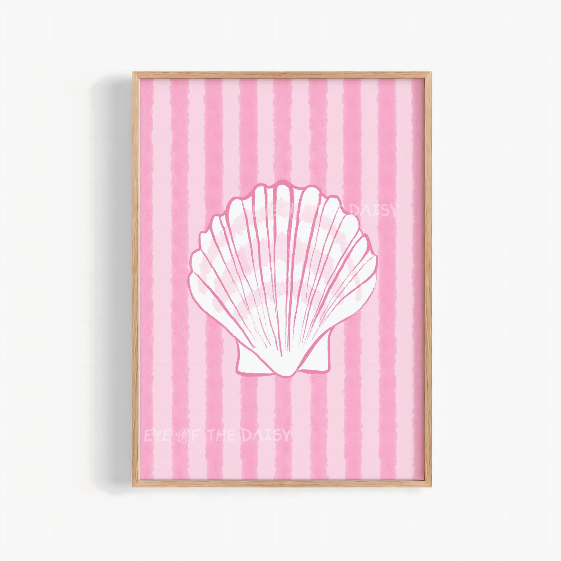 Hand drawn white shell on pink striped background printable wall art print – colorful trendy coastal cowgirl coquette dopamine decor style