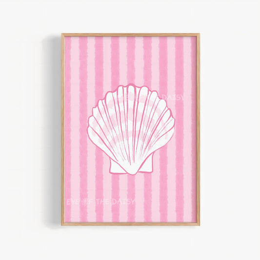 Hand drawn white shell on pink striped background printable wall art print – colorful trendy coastal cowgirl coquette dopamine decor style