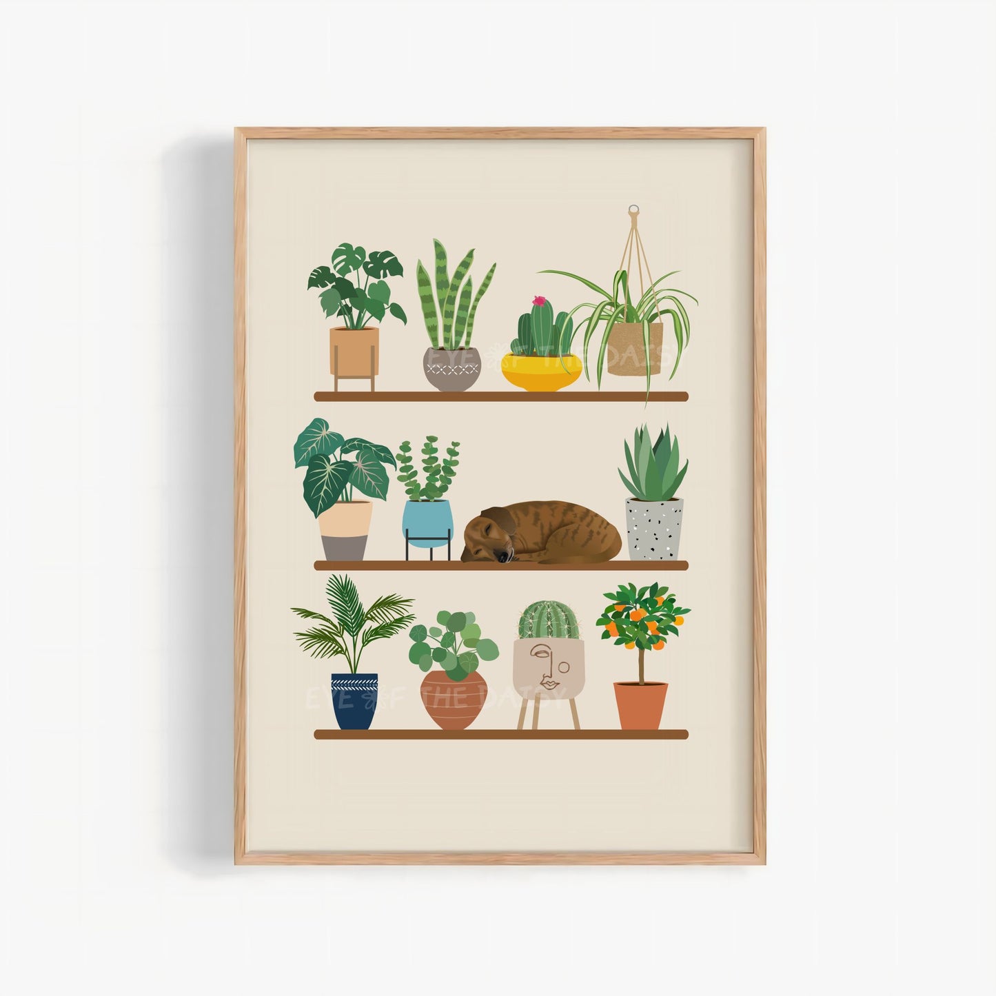 Sleeping dachshund dog and houseplants print – whimsical digital download, boho poster printable for cozy wall decor