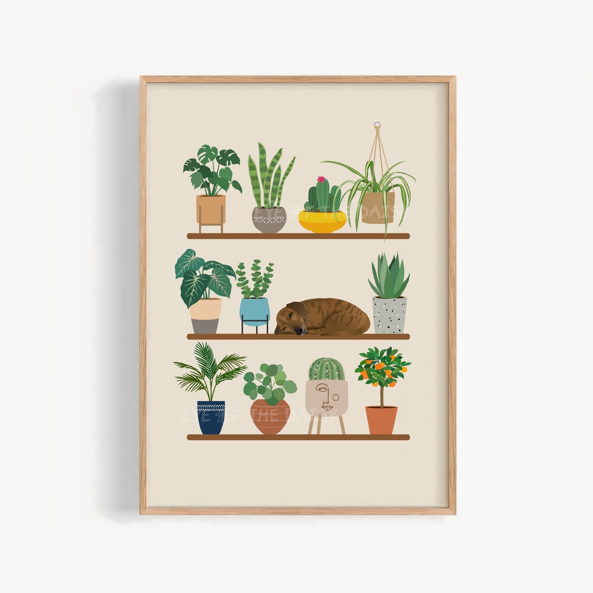 Sleeping dachshund dog and houseplants print – whimsical digital download, boho poster printable for cozy wall decor