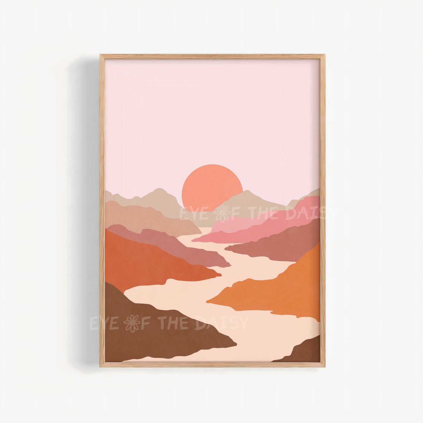 Warm tone sun river mountains landscape print, mid century modern boho printable wall art in terracotta rust