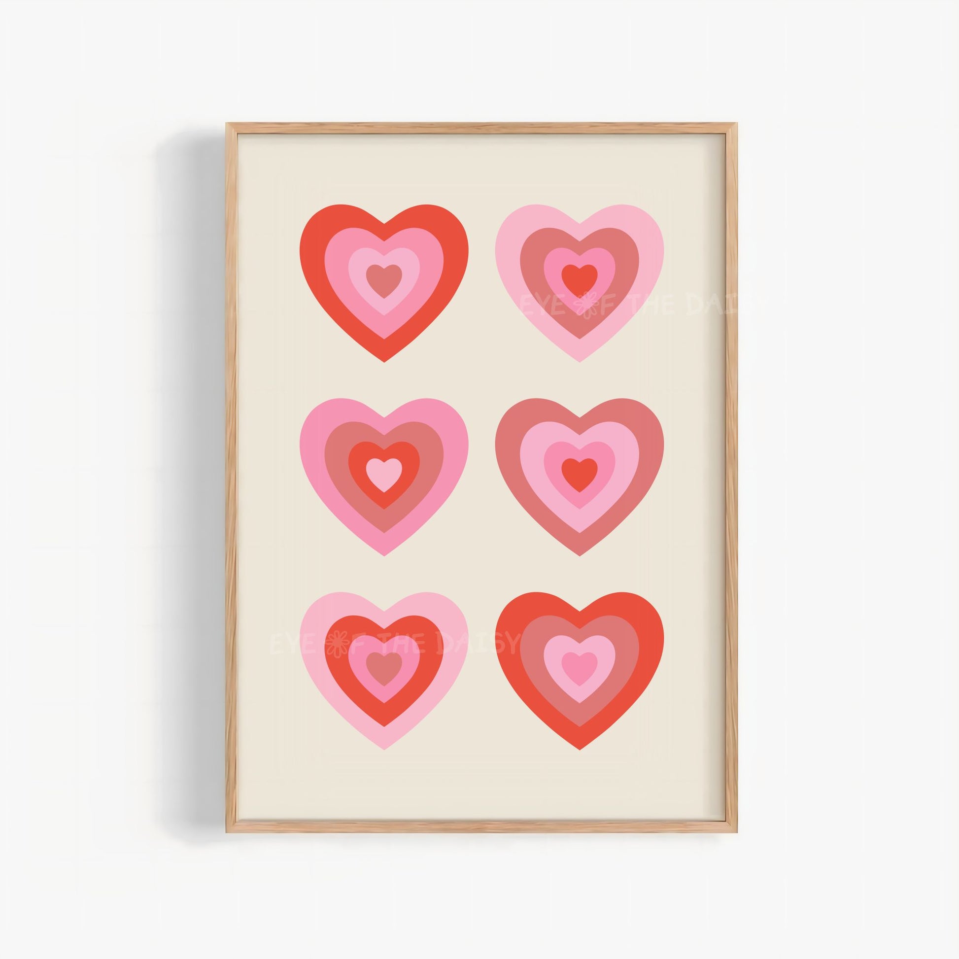 Retro hearts printable wall art in red and pink, trendy and funky print digital download for dorms or bedrooms
