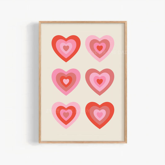 Retro hearts printable wall art in red and pink, trendy and funky print digital download for dorms or bedrooms