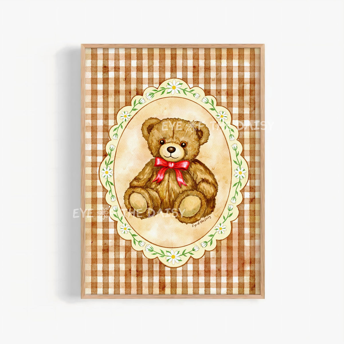cute cottagecore teddy bear illustration in warm tones, perfect for traditional nursery wall art